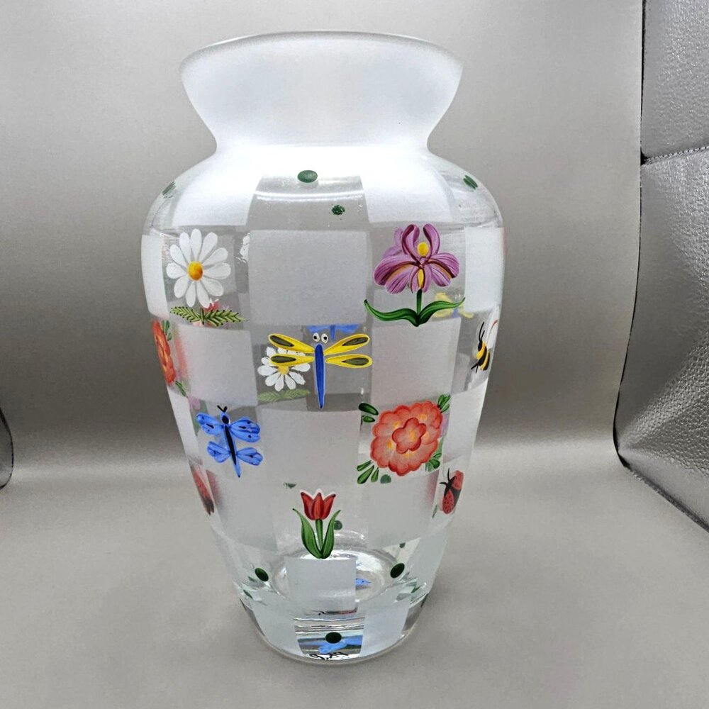 Lenox Nature's Splendor Handpainted Glass Vase Flowers Insects w/Box Signed - Picture 3 of 16